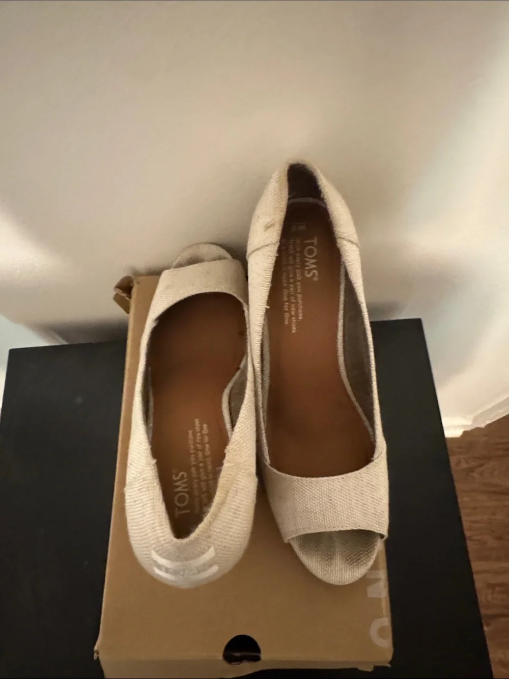 TOMS Natural Linen Cork Wedge Peep-Toe Heels
